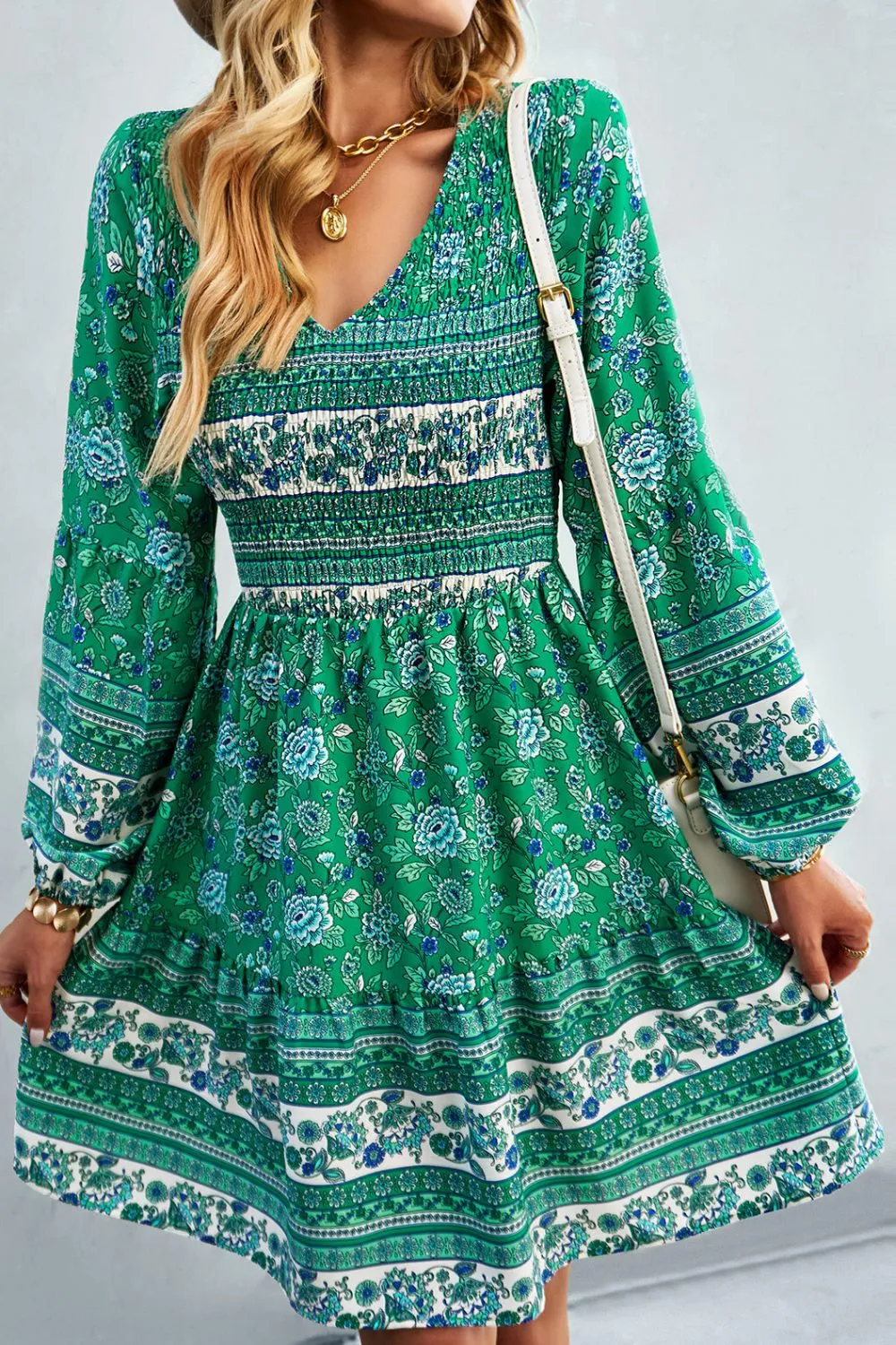 Bohemian V-Neck Balloon Sleeve Dress