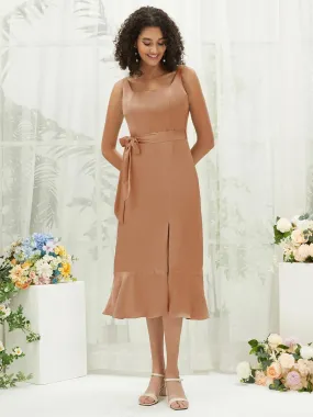 Bronzer Silk Satin Square Neck Slit Tea Length Convertible Bridesmaid Dresses