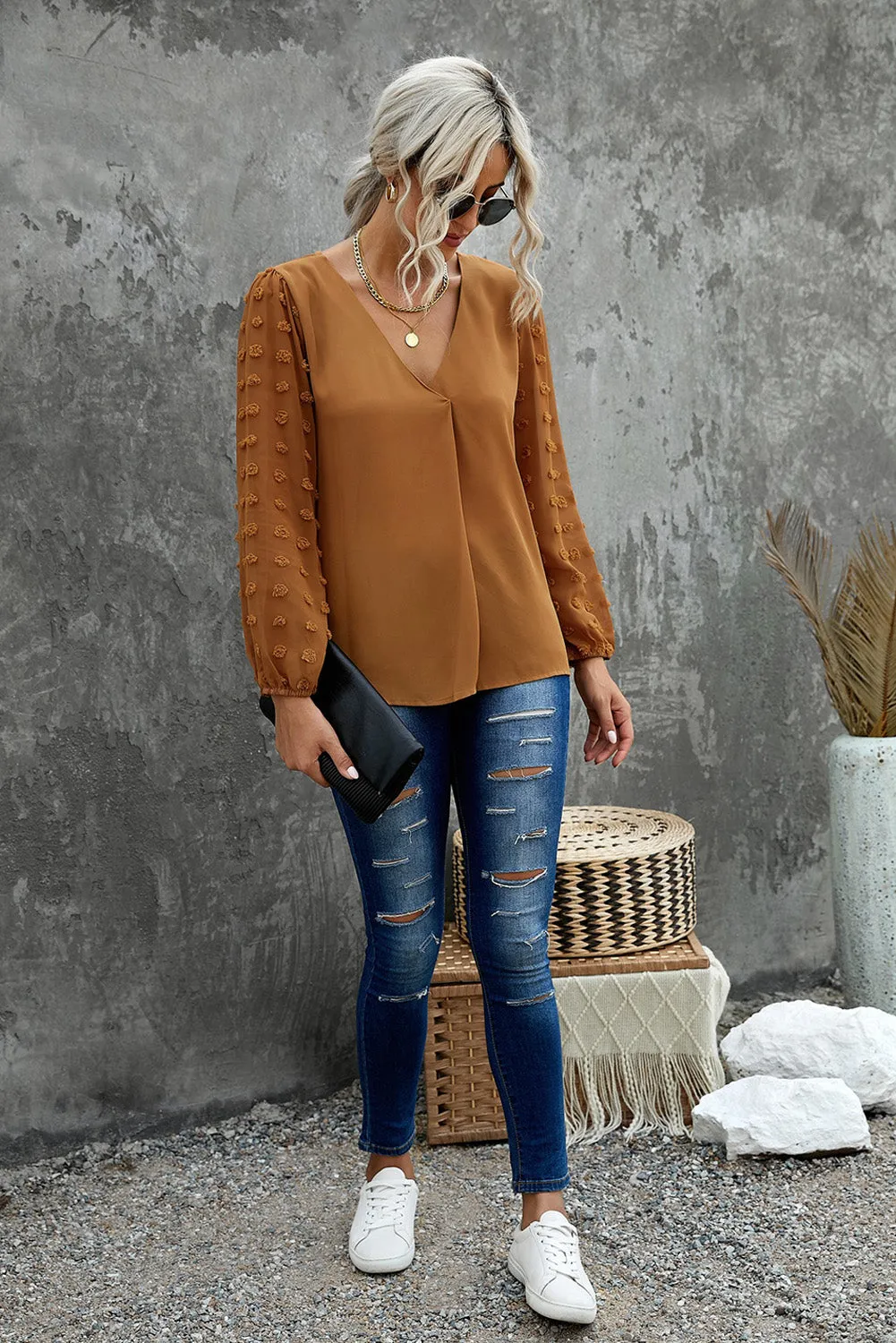 Brown Swiss Dot V Neck Long Sleeve Blouse