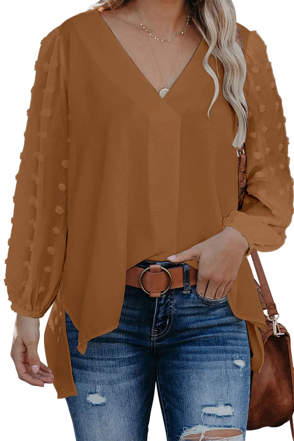 Brown Swiss Dot V Neck Long Sleeve Blouse