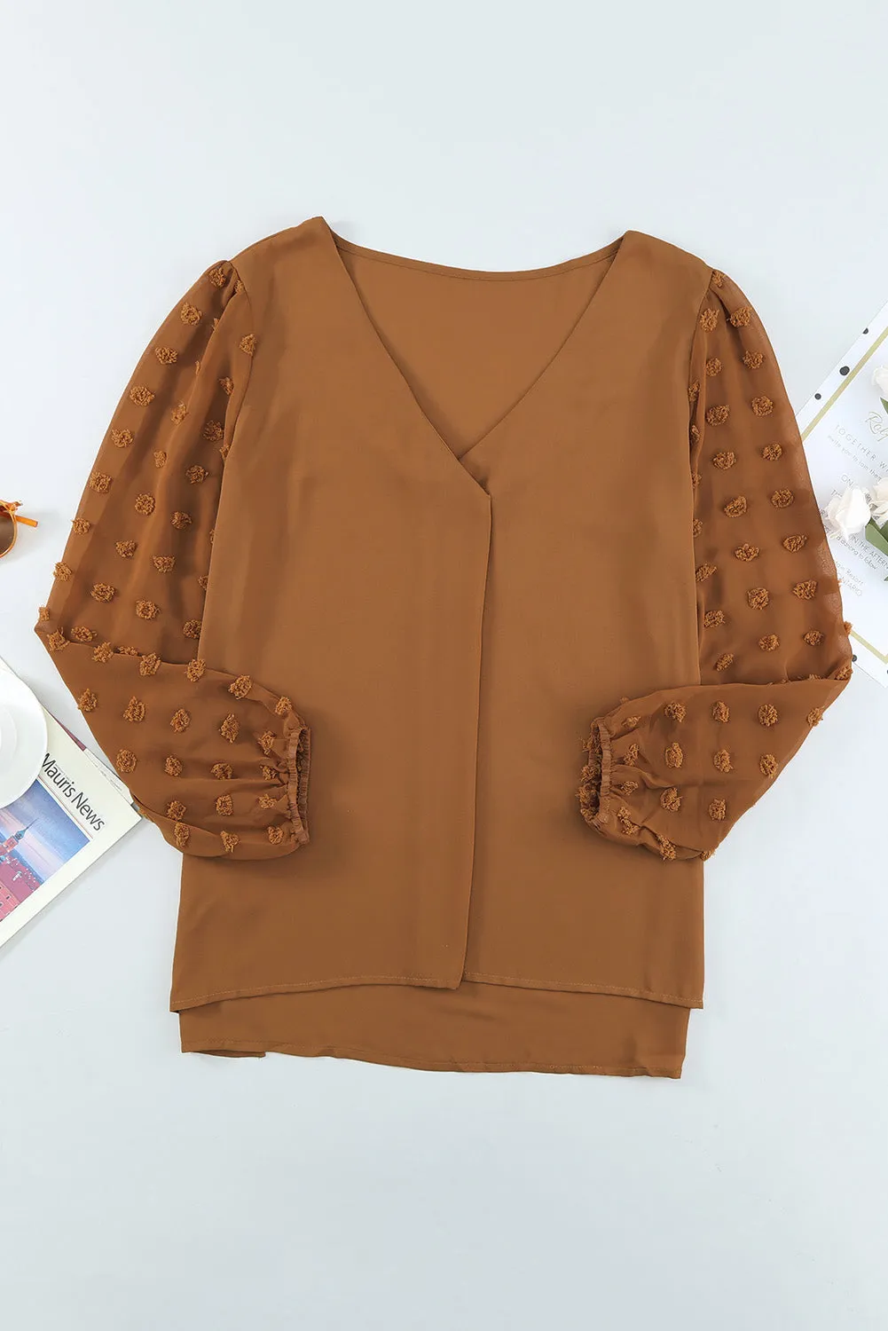 Brown Swiss Dot V Neck Long Sleeve Blouse