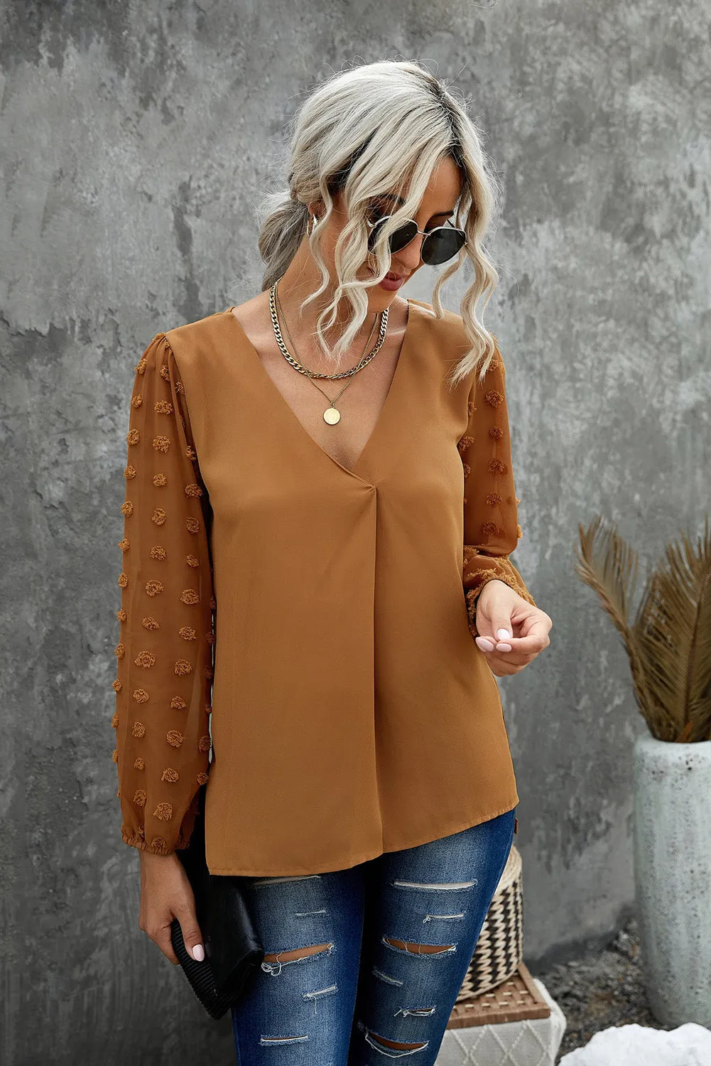 Brown Swiss Dot V Neck Long Sleeve Blouse