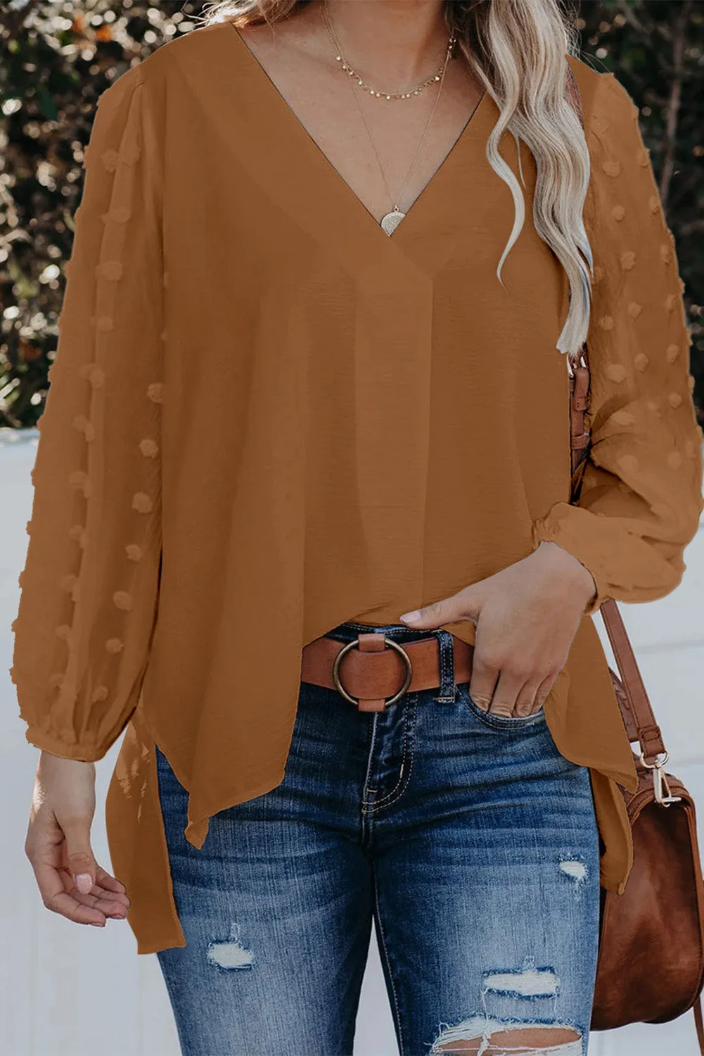 Brown Swiss Dot V Neck Long Sleeve Blouse