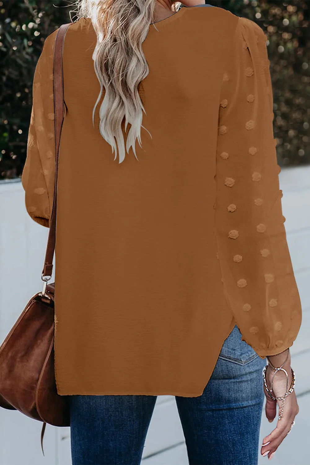 Brown Swiss Dot V Neck Long Sleeve Blouse