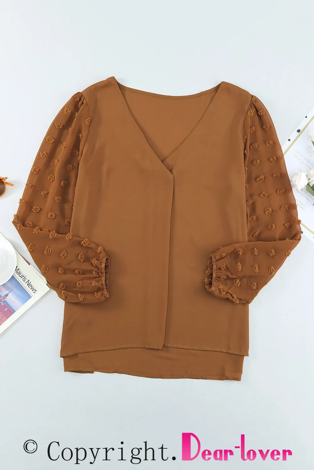 Brown Swiss Dot V Neck Long Sleeve Blouse