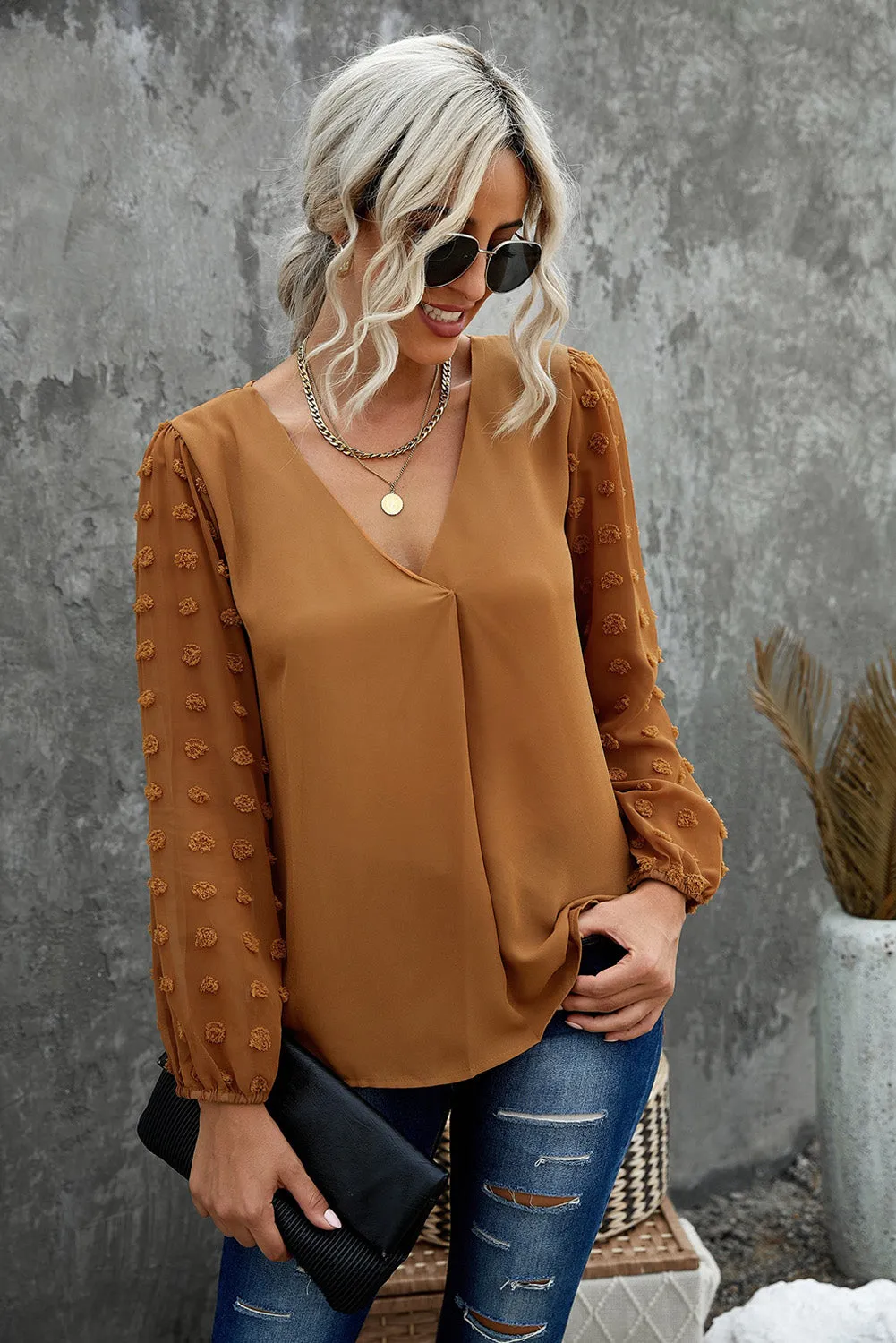 Brown Swiss Dot V Neck Long Sleeve Blouse