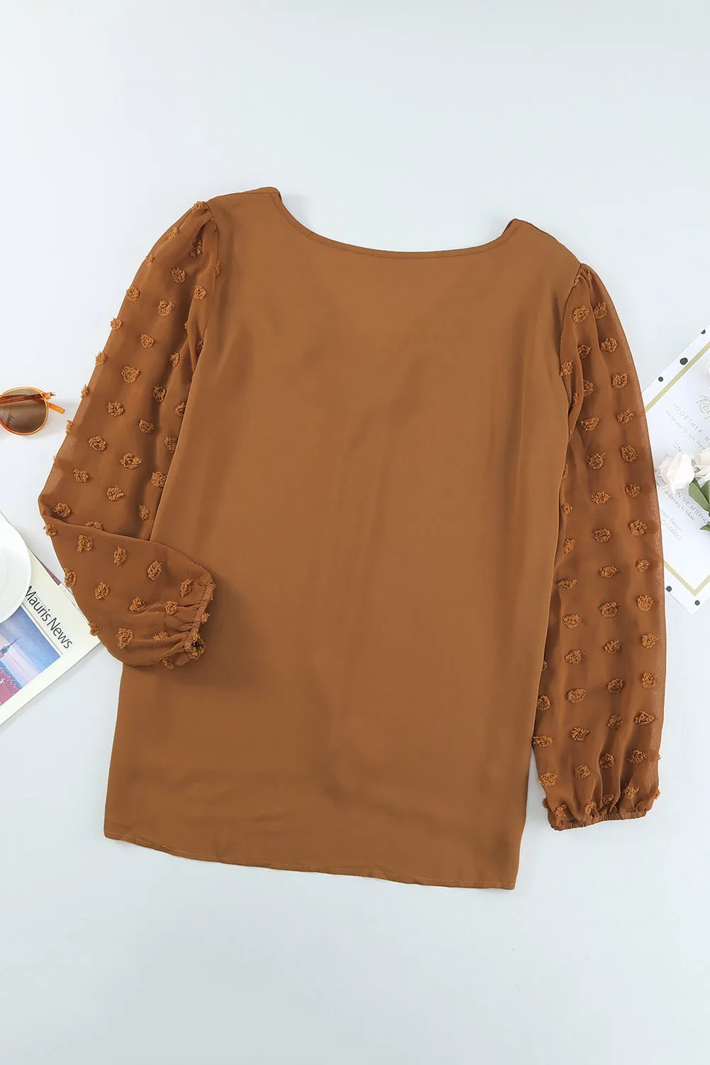 Brown Swiss Dot V Neck Long Sleeve Blouse