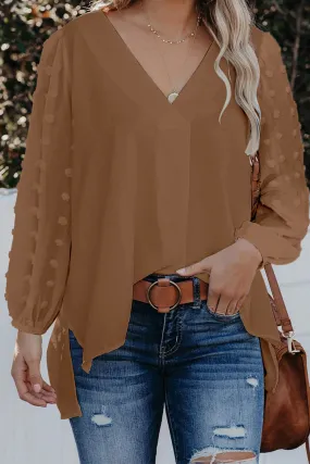 Brown Swiss Dot V Neck Long Sleeve Blouse