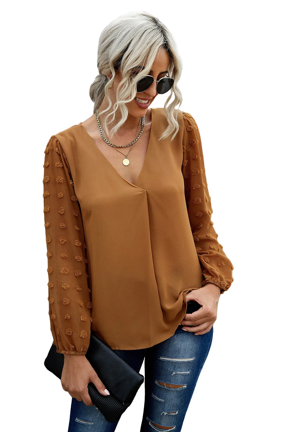 Brown Swiss Dot V Neck Long Sleeve Blouse