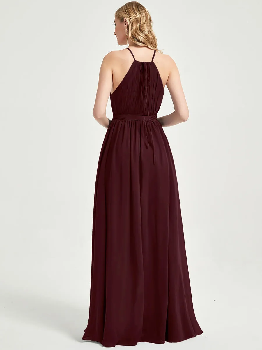 Burgundy Halter Neck Slit Wrap Chiffon Bridesmaid Dress Floor Length