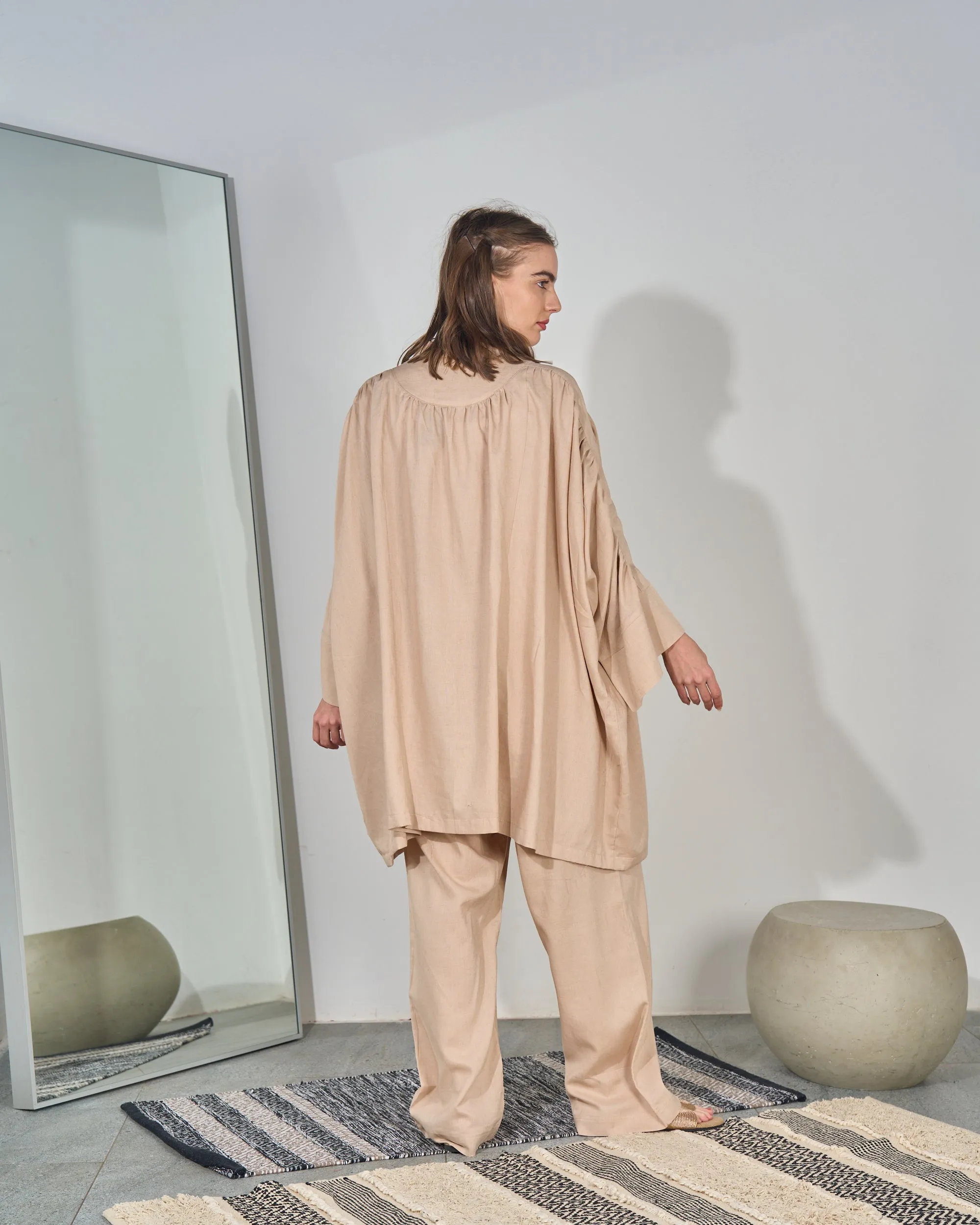 Buttoned shirt with ruffled design sleeves and Elastic waist wide leg pants Activewear 4241 - ملابس رياضية