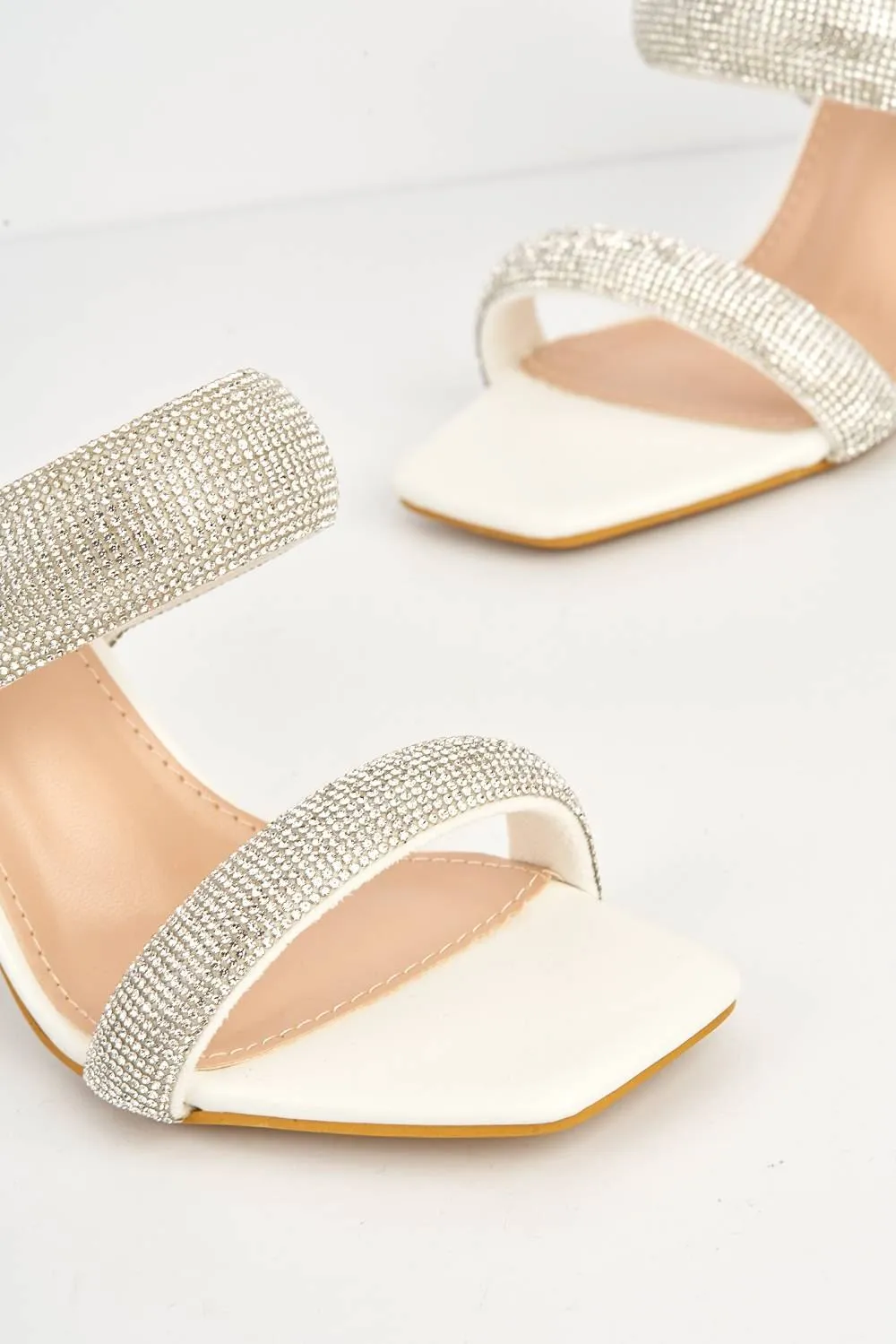 Cait 2 Strap Diamante Band Block Heel Mule in White