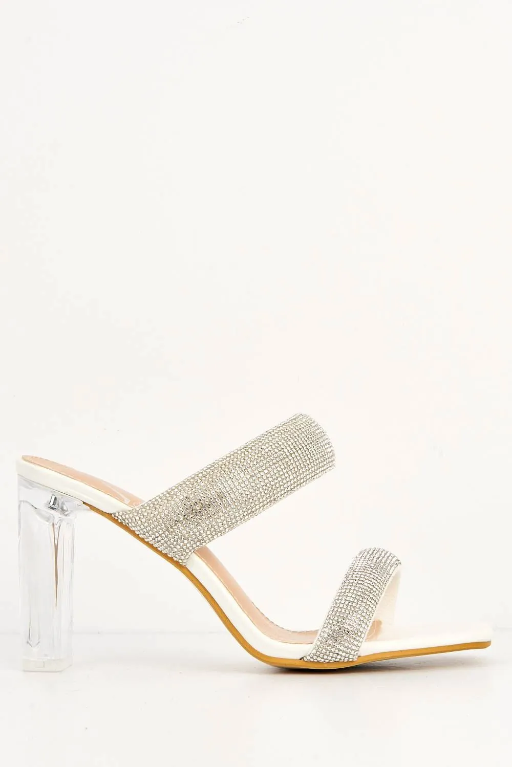 Cait 2 Strap Diamante Band Block Heel Mule in White