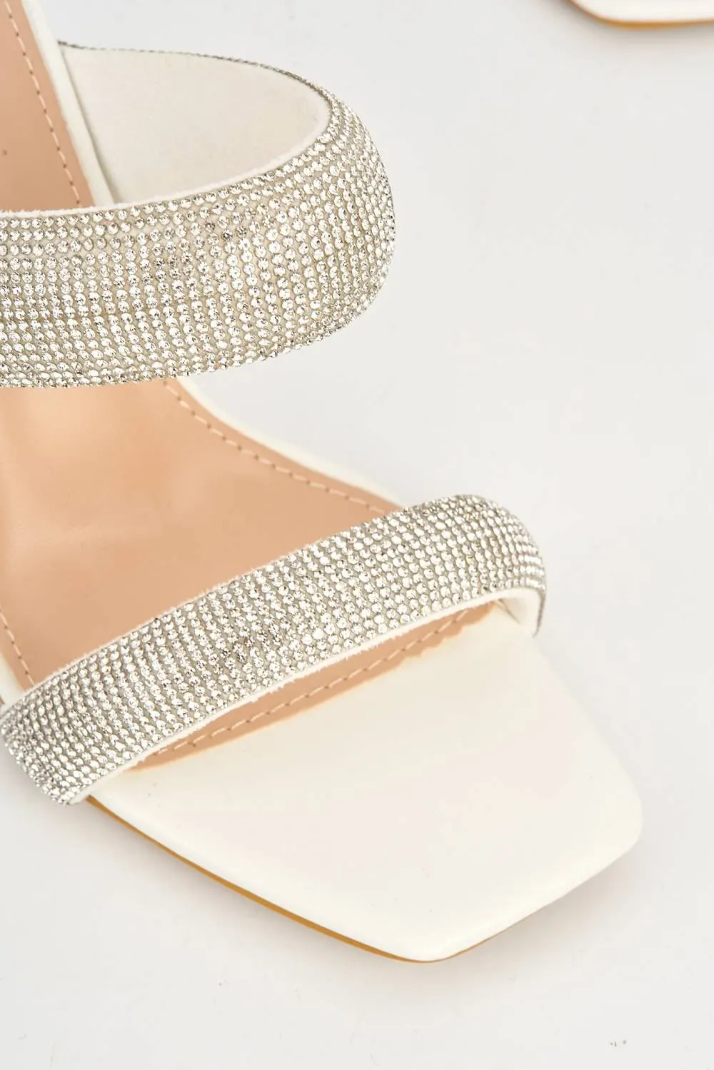 Cait 2 Strap Diamante Band Block Heel Mule in White