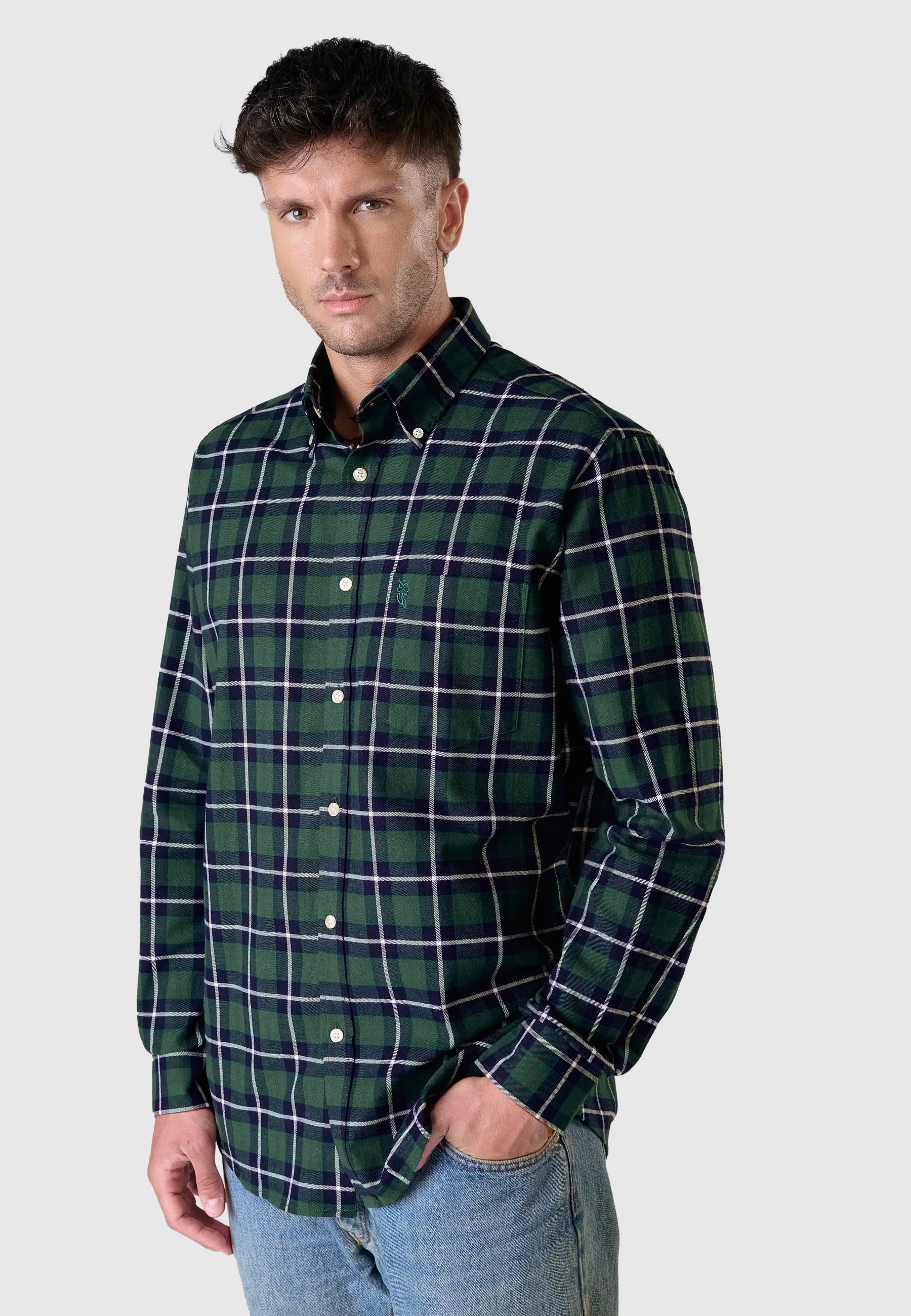 Camisa Hombre Manga Larga con Bolsillo Algodón Franela Cuadros - Verde 0402_44