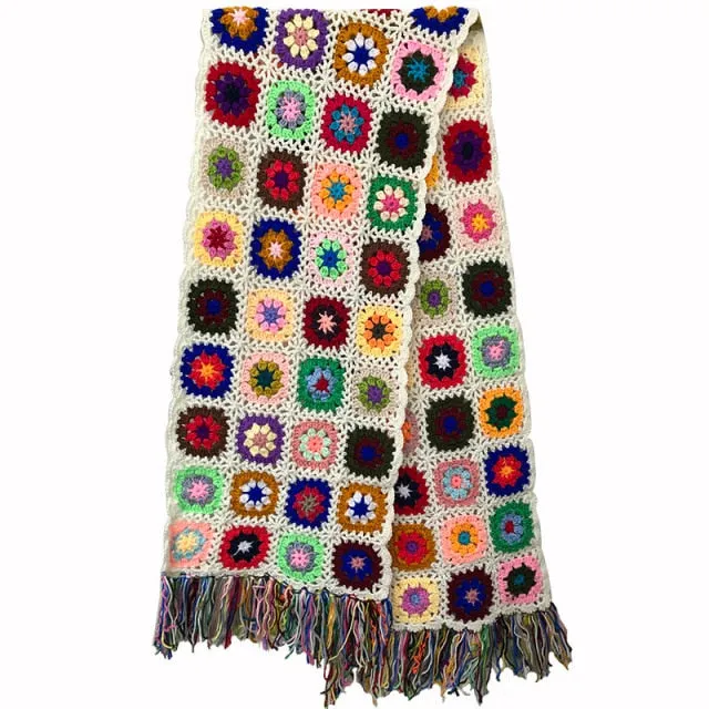 Carnaby Granny Square Scarf Handmade Crochet Winter Muffler Boho Fringed Super Soft Scarves Choose Black White Gray Four Row Or Three Row