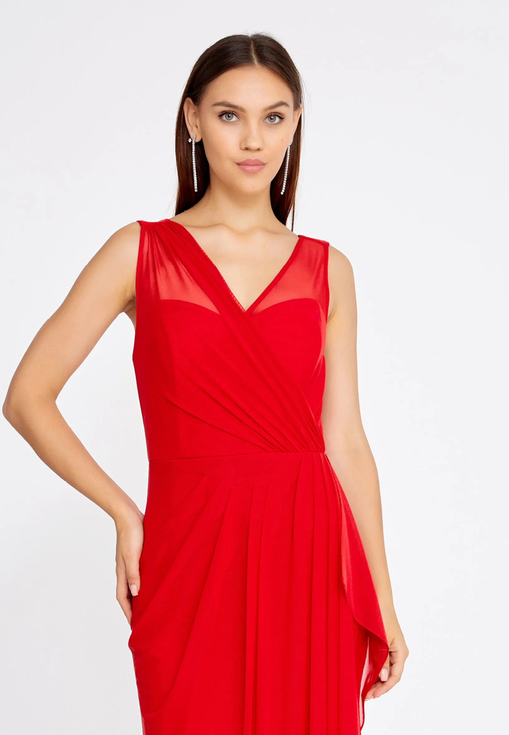 Chiffon Wrap Column Long Dress - Red