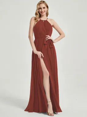 Cinnamon Rose Halter Neck Slit Wrap Chiffon Bridesmaid Dress Floor Length