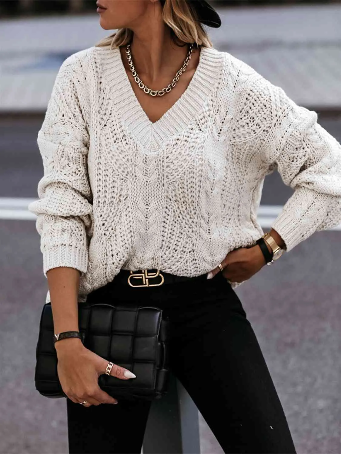 City Streets Cable-Knit Long Sleeve Sweater