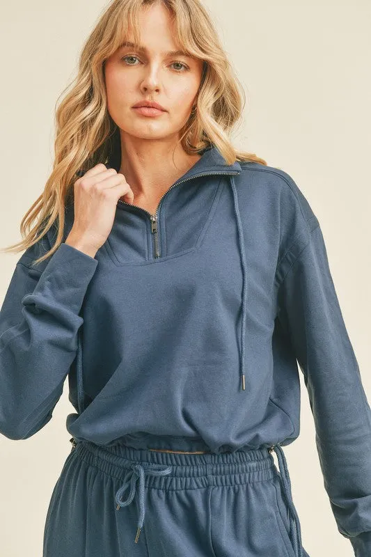 Cotton French Terry  Cropped Pullover - Indigo