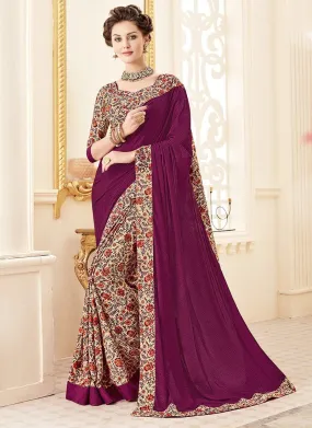 Crepe Silk Party Casual Printed Work Saree- dark purple