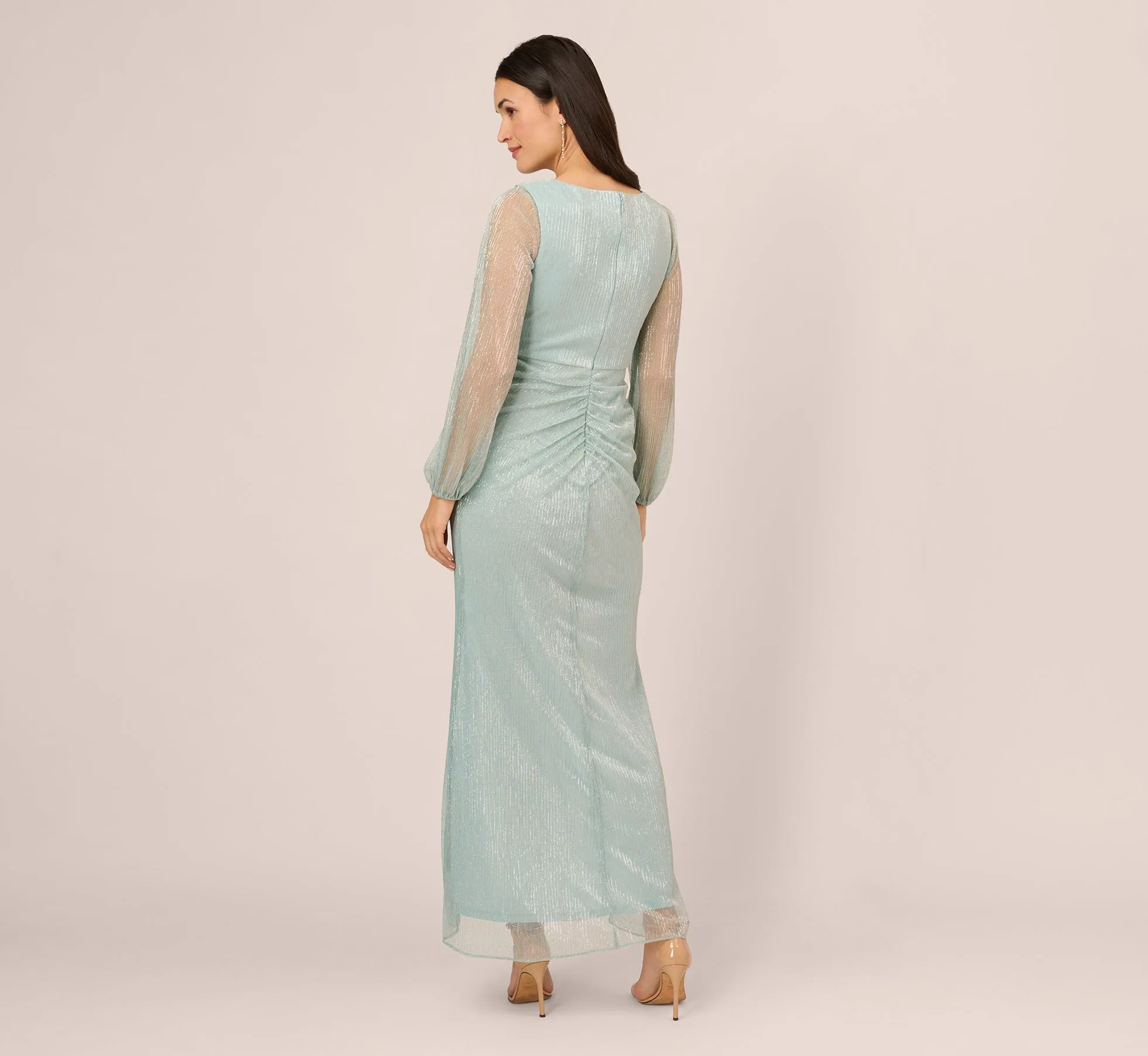 Crinkle Metallic Gown With Sheer Bishop Sleeves And Draped Details In Mint Smoke