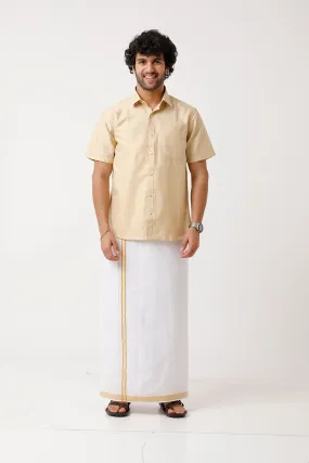 Divine - Flaxen Sandal Matching Shirt and Dhoti Set For Men | Uathayam