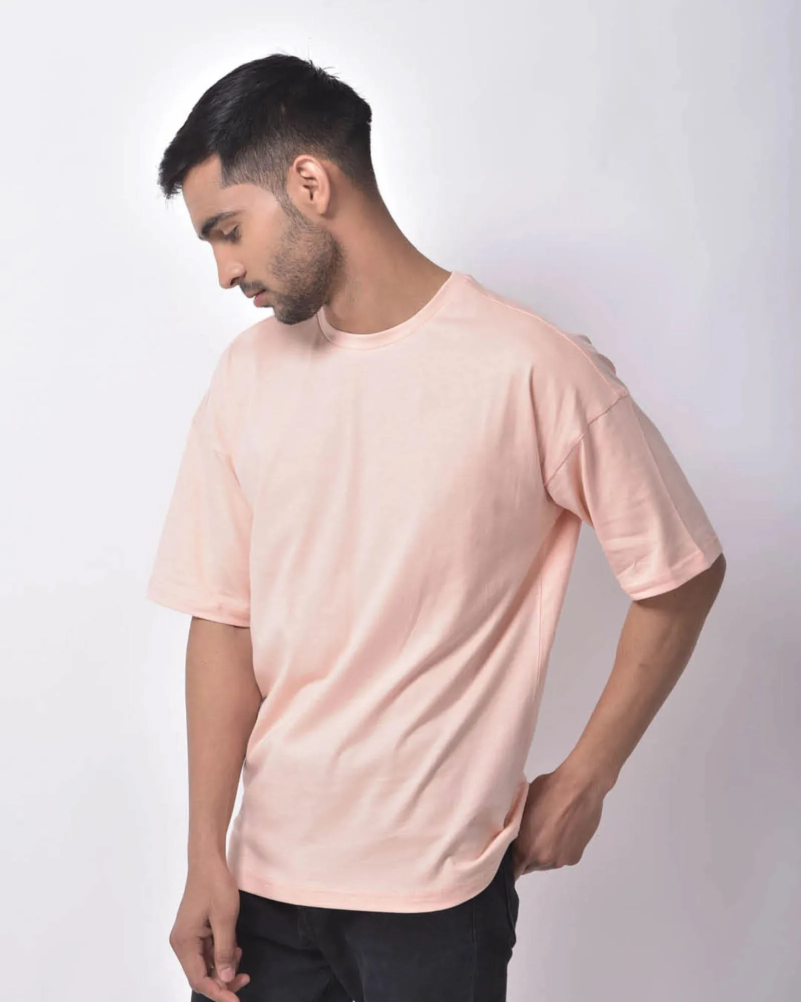 Drop Shoulder Crew Neck: Solid Peach