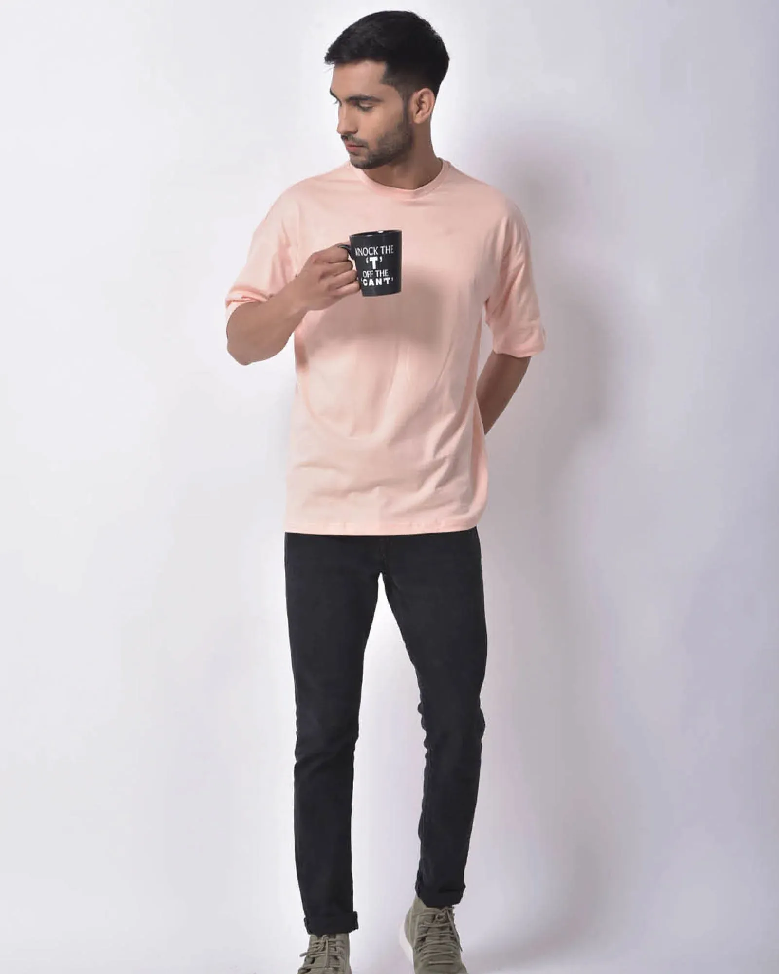 Drop Shoulder Crew Neck: Solid Peach