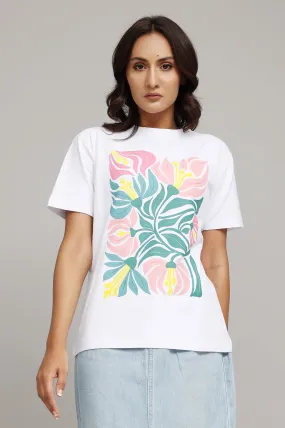 ECO-CHIC TROPICAL LEAF GRAPHIC T-SHIRT-PINK/GREEN