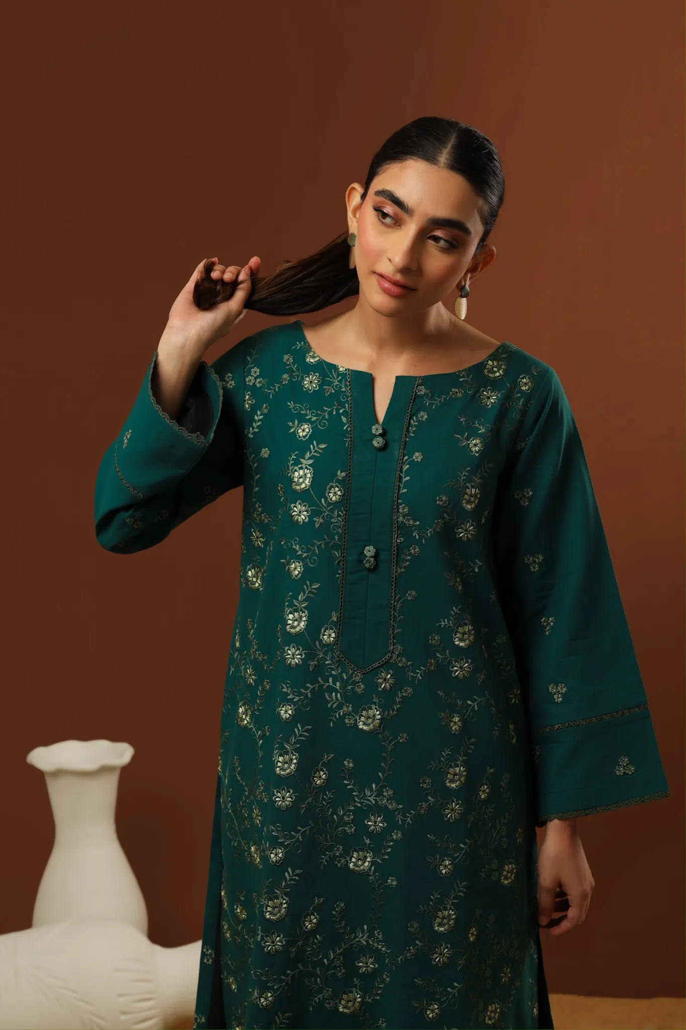 EMERALD GREEN LAWN EMBROIDERED SET (KURTA & CULOTTE) NPA2-23313