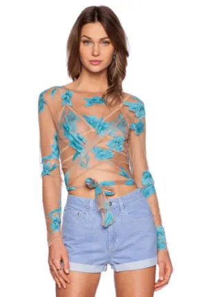 For Love And Lemons "Orchid" Crop Top See Thru With Light Blue Flowers Long Sleeve Festival Shirt Wrapping Ties Small Medium Or Large