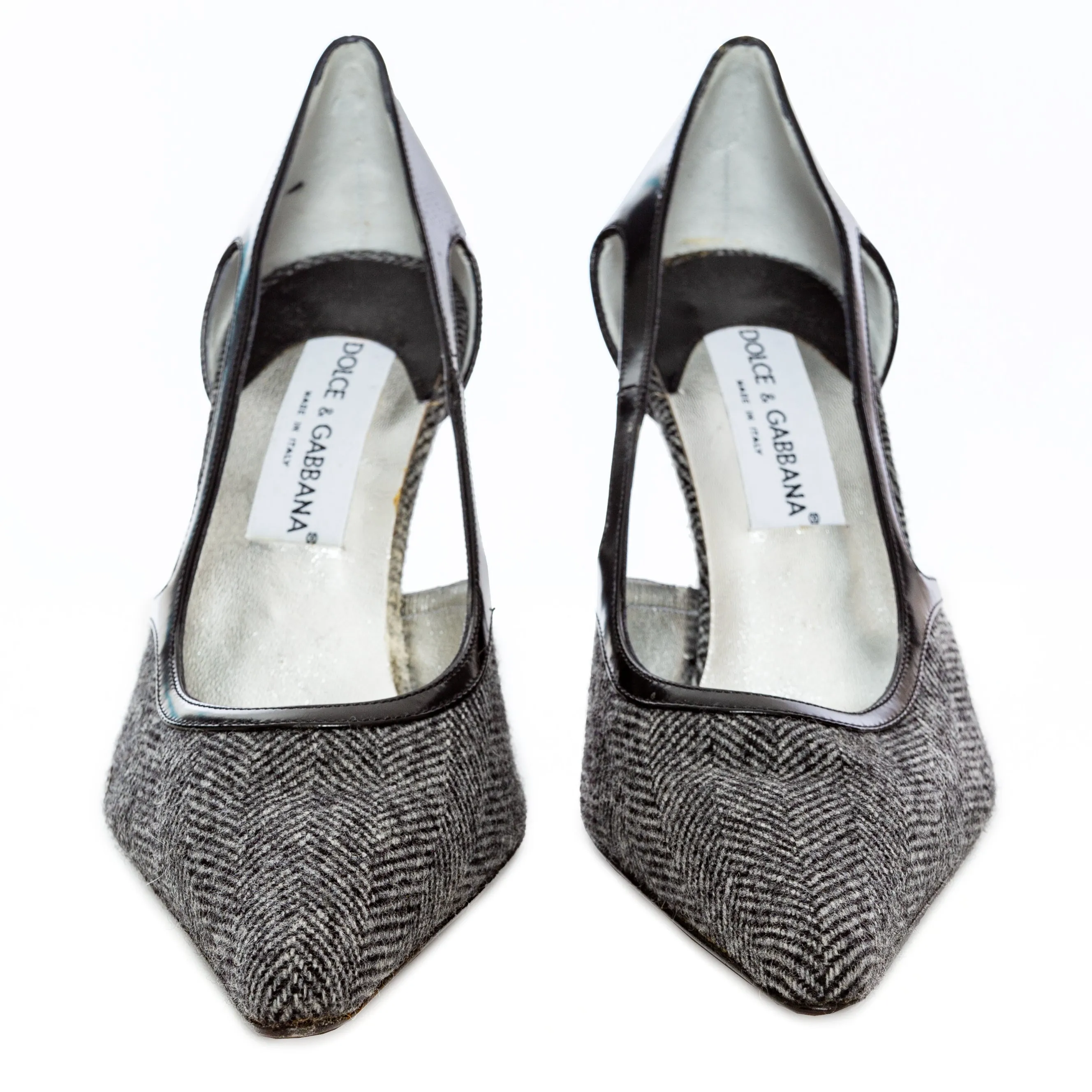 Gray and Black Wool Herringbone Pointed Pumps 38