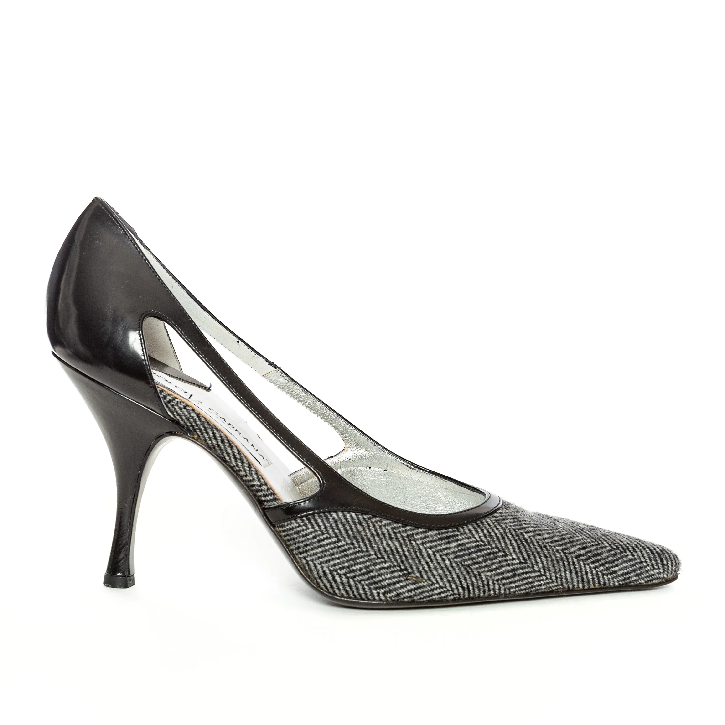 Gray and Black Wool Herringbone Pointed Pumps 38