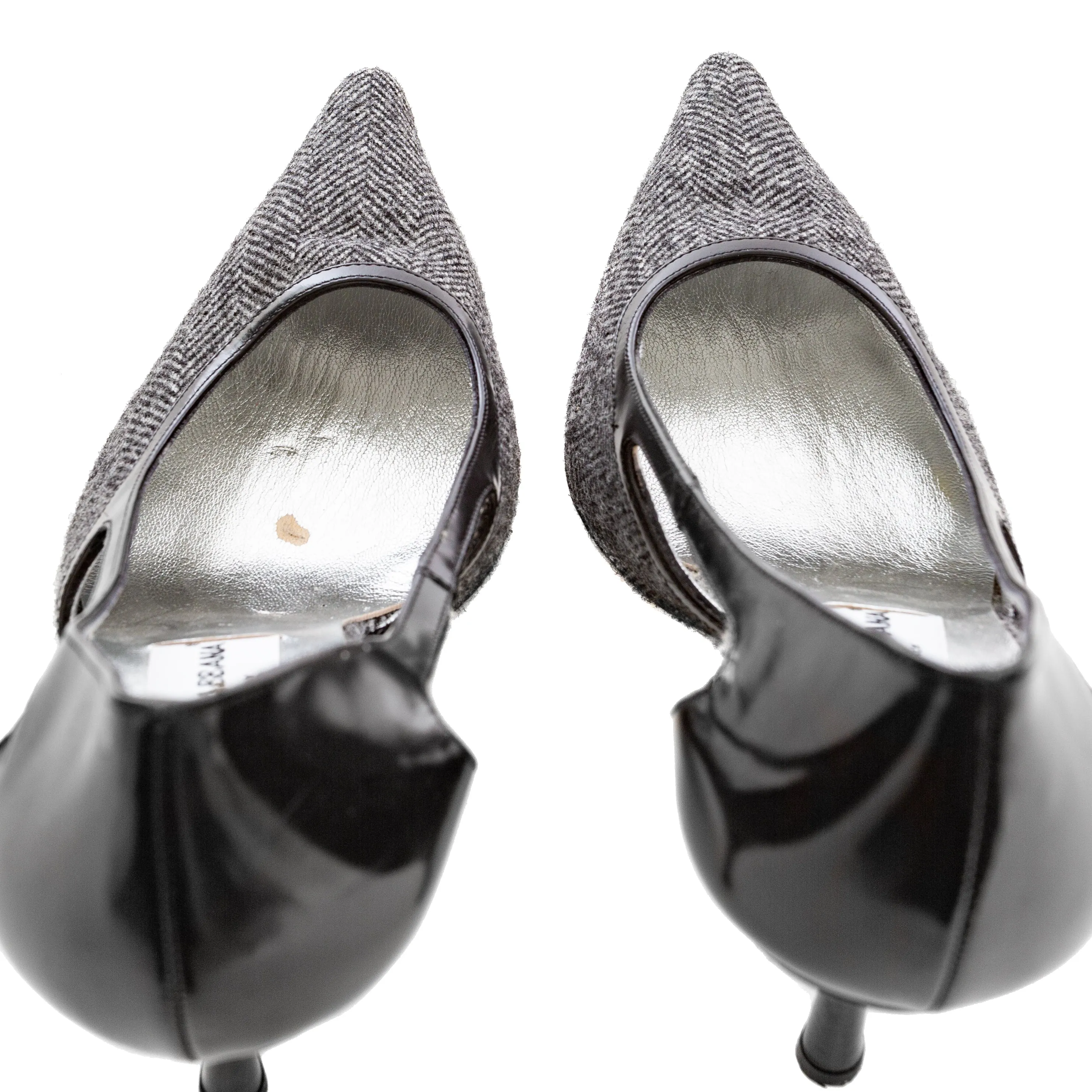 Gray and Black Wool Herringbone Pointed Pumps 38