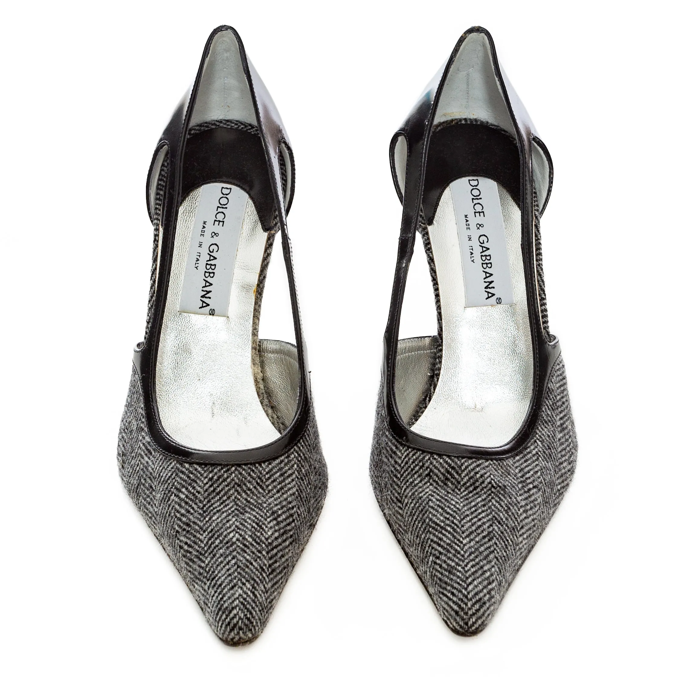 Gray and Black Wool Herringbone Pointed Pumps 38