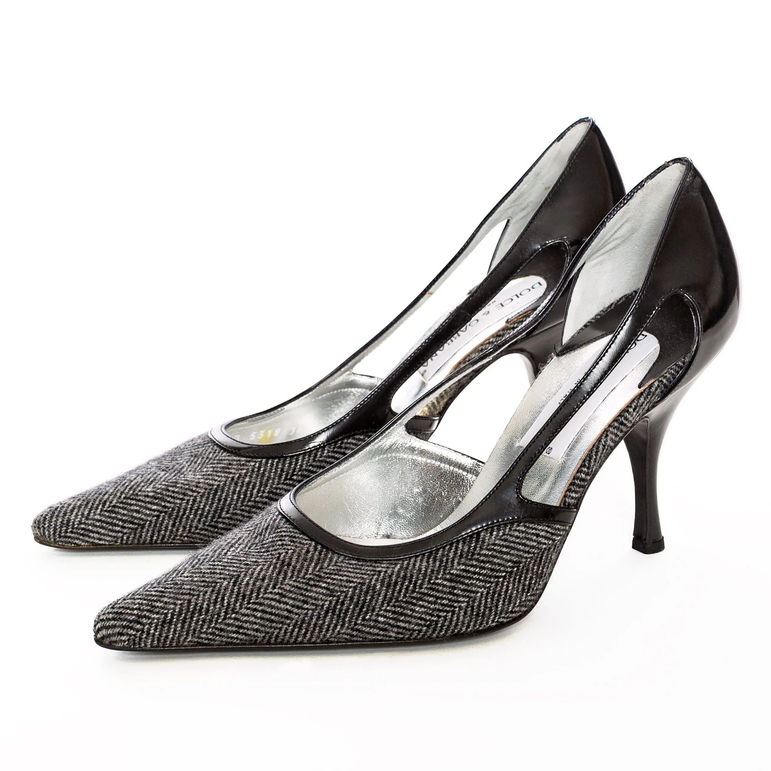 Gray and Black Wool Herringbone Pointed Pumps 38