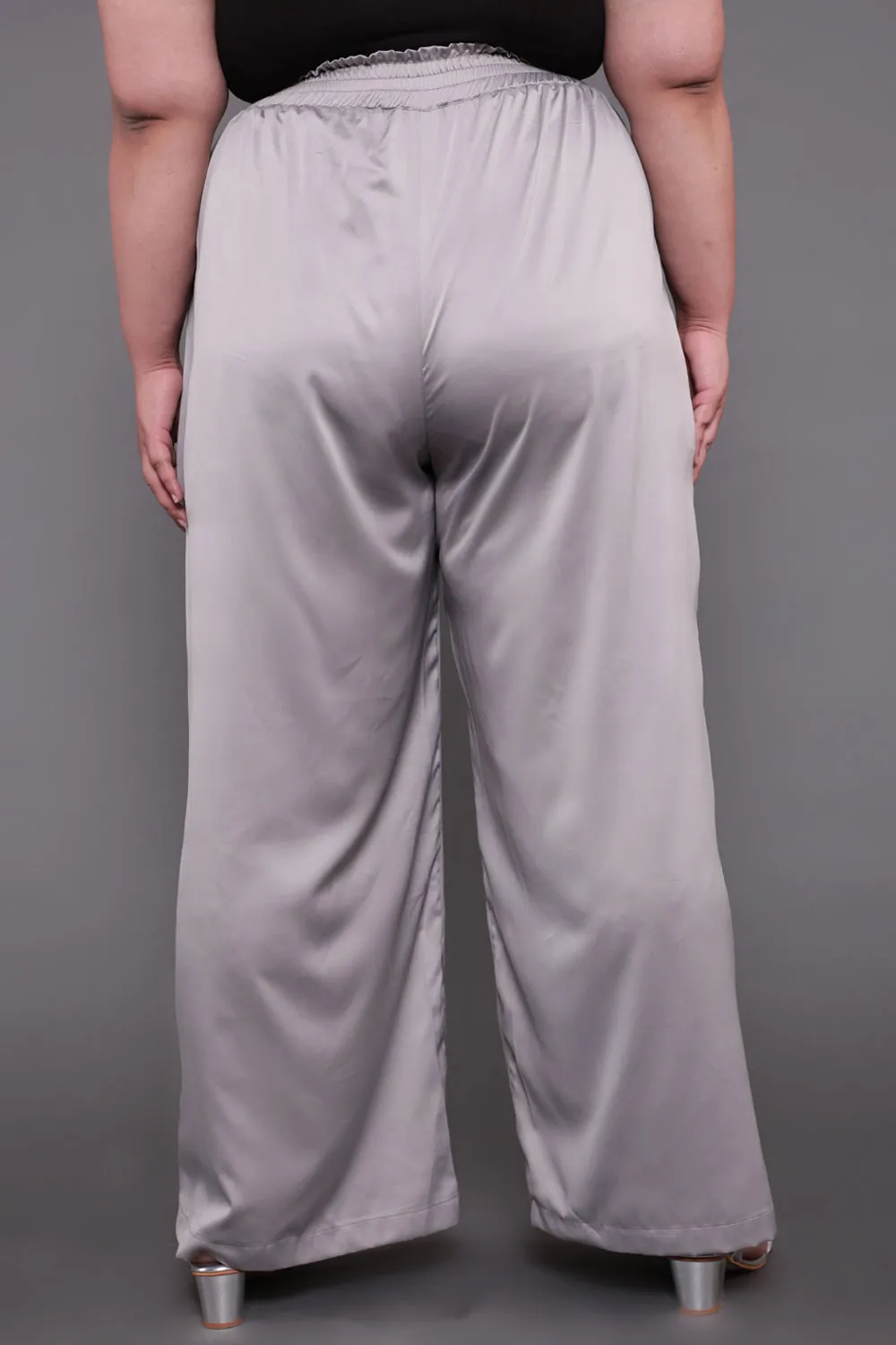 Grey Solid Satin High Waist Pants