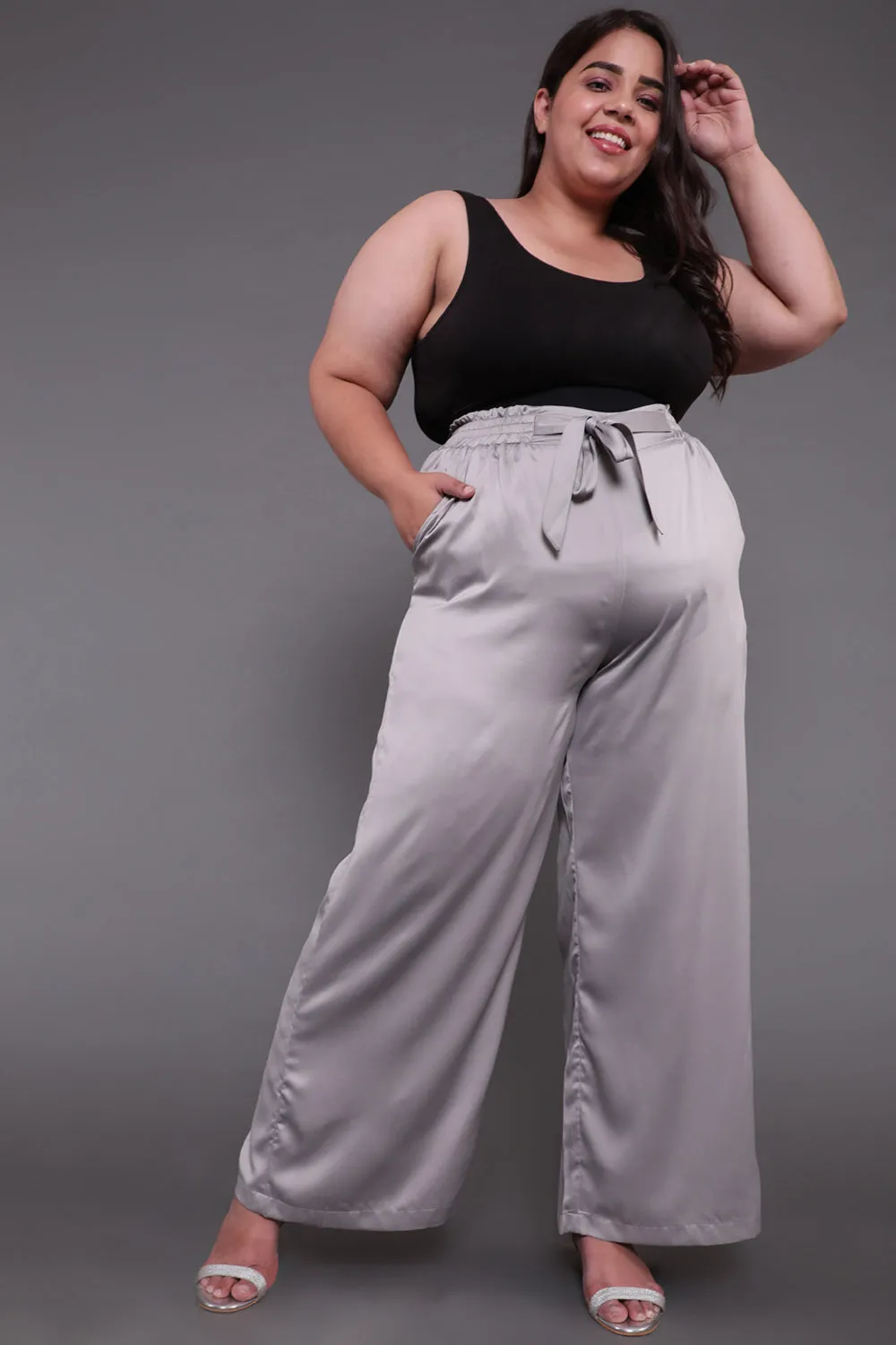 Grey Solid Satin High Waist Pants