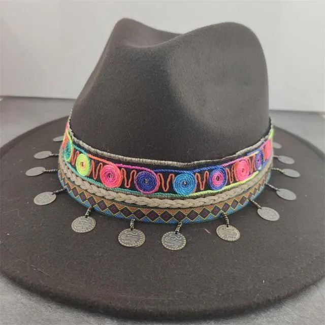 Gypsy Hat Wide Brim Fedora Panama 17 Different Styles & Colors You Choose Boho Wool Felt Hat With Coins Fringe Pom Poms Longhorn Tassels Mirrors Feathers Embroidery Check Them Out!