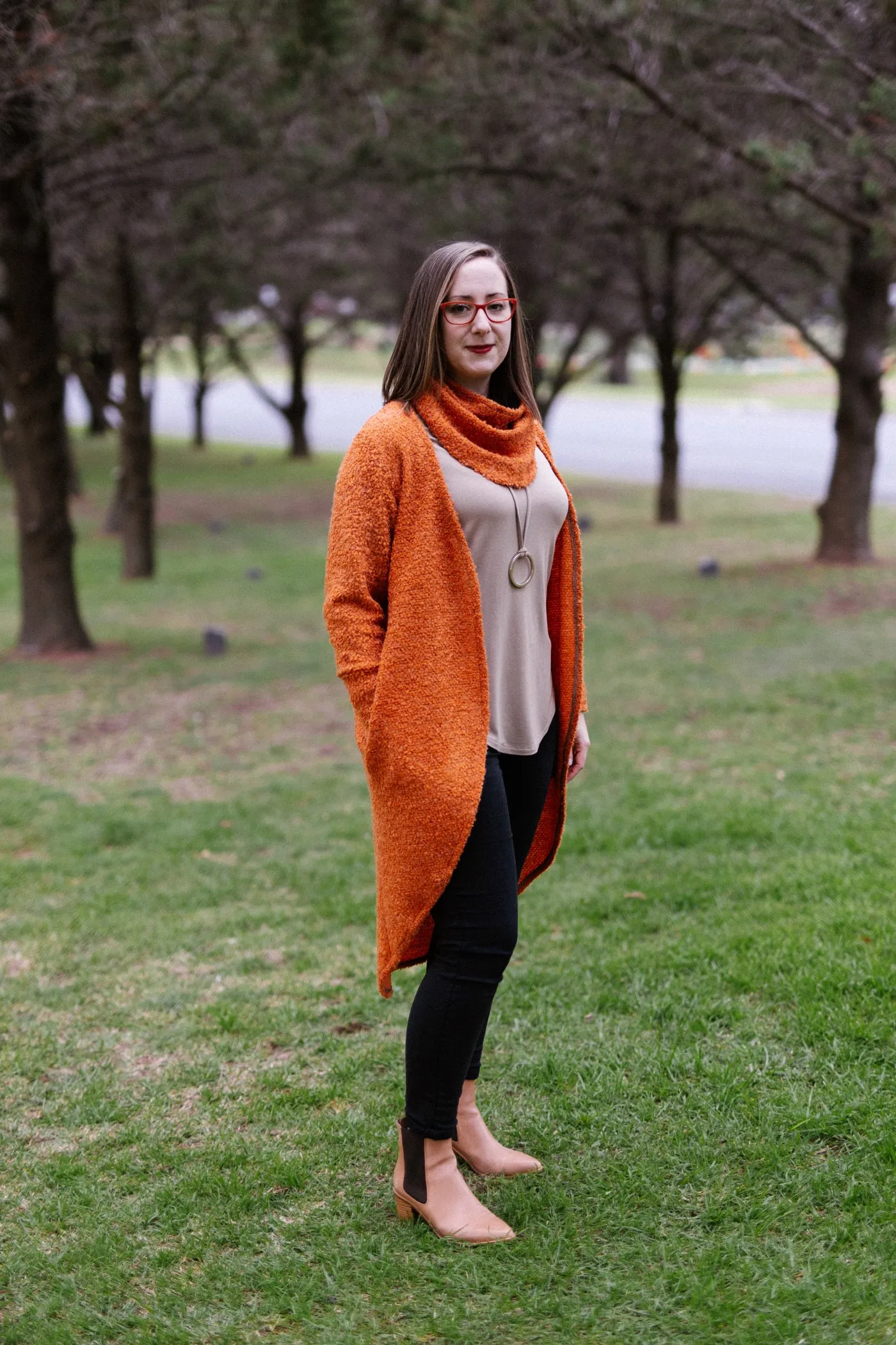 JANESSA Reversible Scarf in Orange Wool Blend Boucle with Taupe