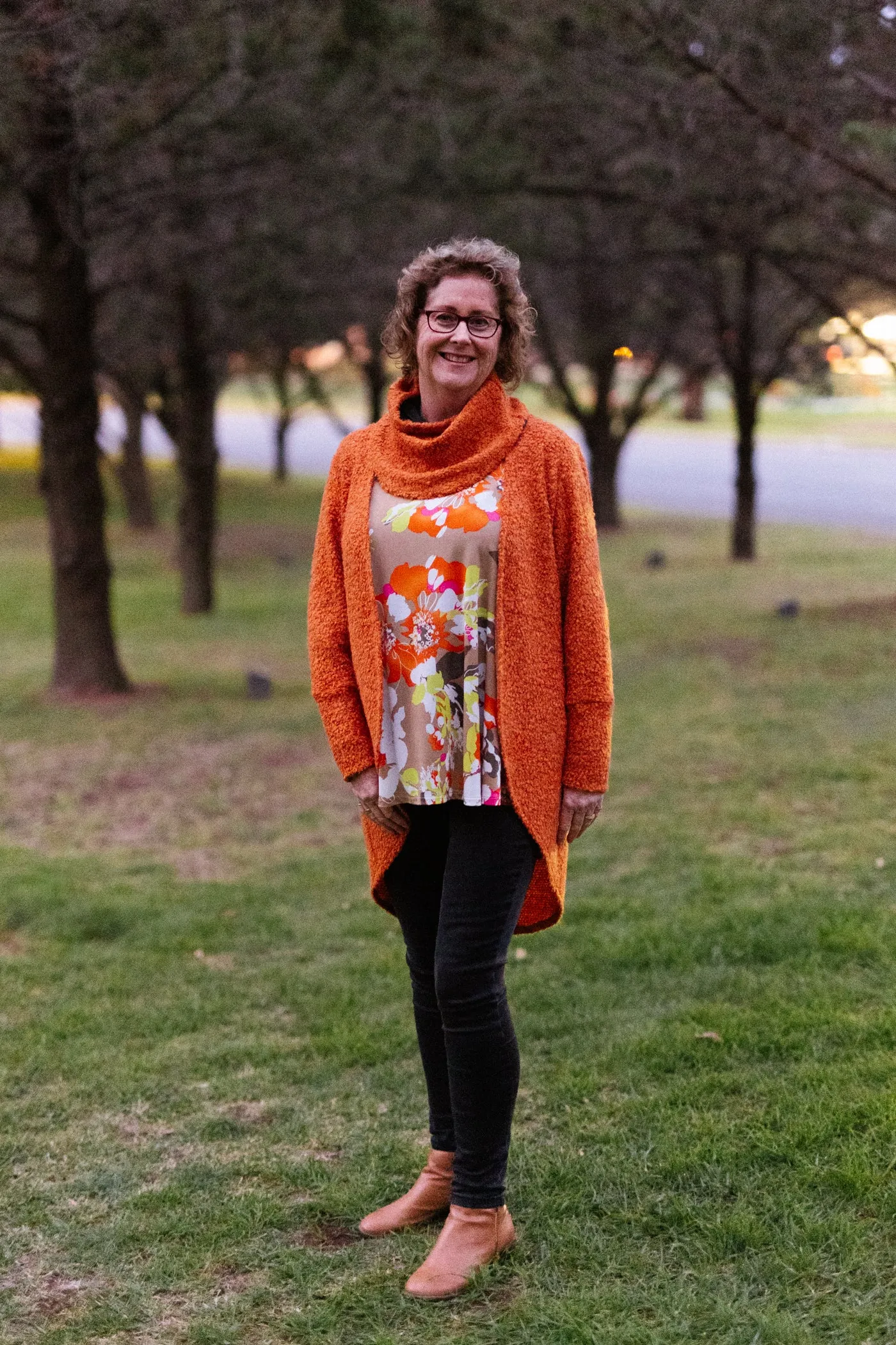 JANESSA Reversible Scarf in Orange Wool Blend Boucle with Taupe