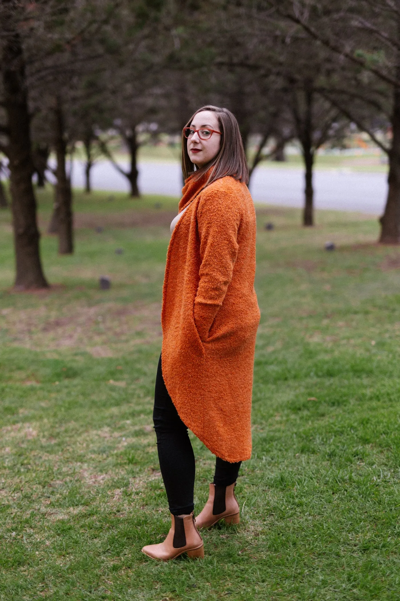 JANESSA Reversible Scarf in Orange Wool Blend Boucle with Taupe