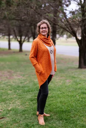 JANESSA Reversible Scarf in Orange Wool Blend Boucle with Taupe