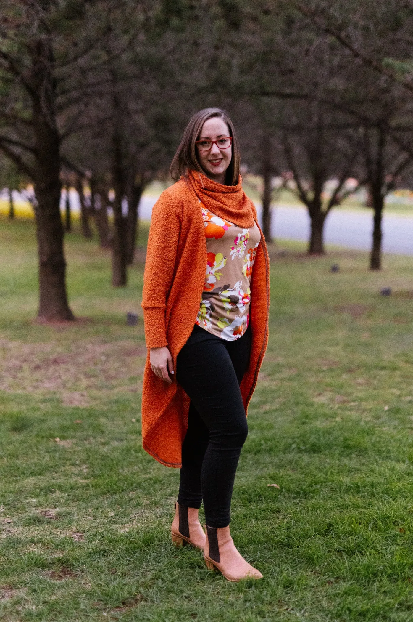 JANESSA Reversible Scarf in Orange Wool Blend Boucle with Taupe