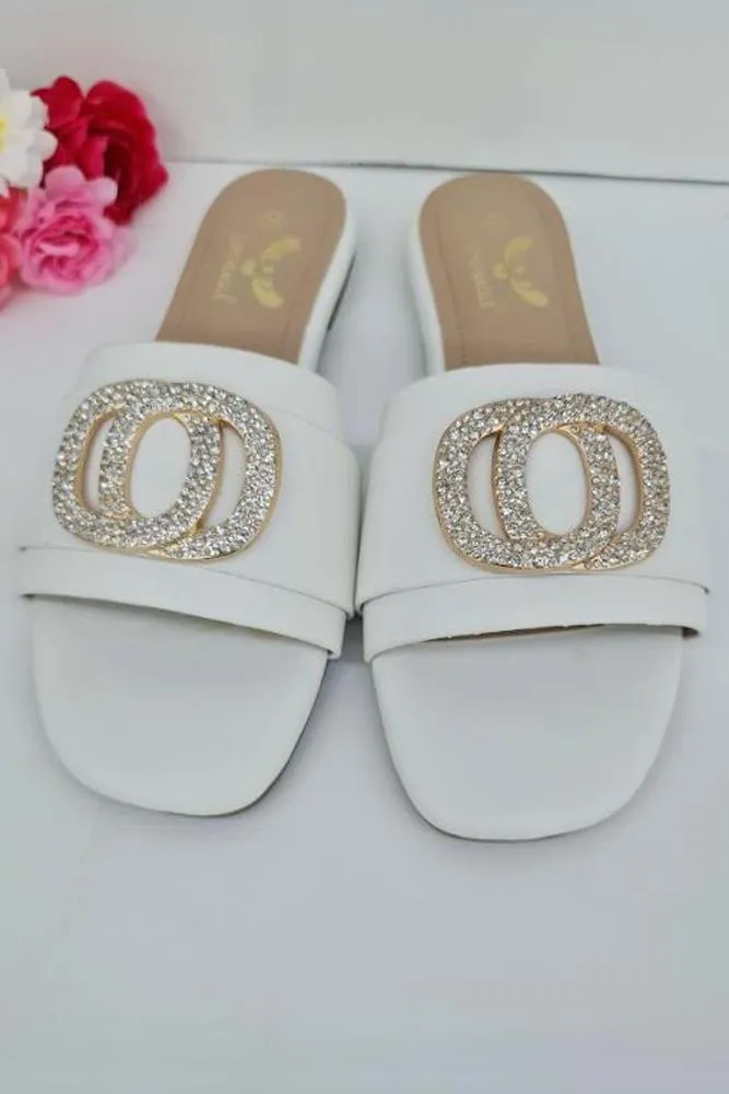 Leather Rhinestone Buckle Flat Slider