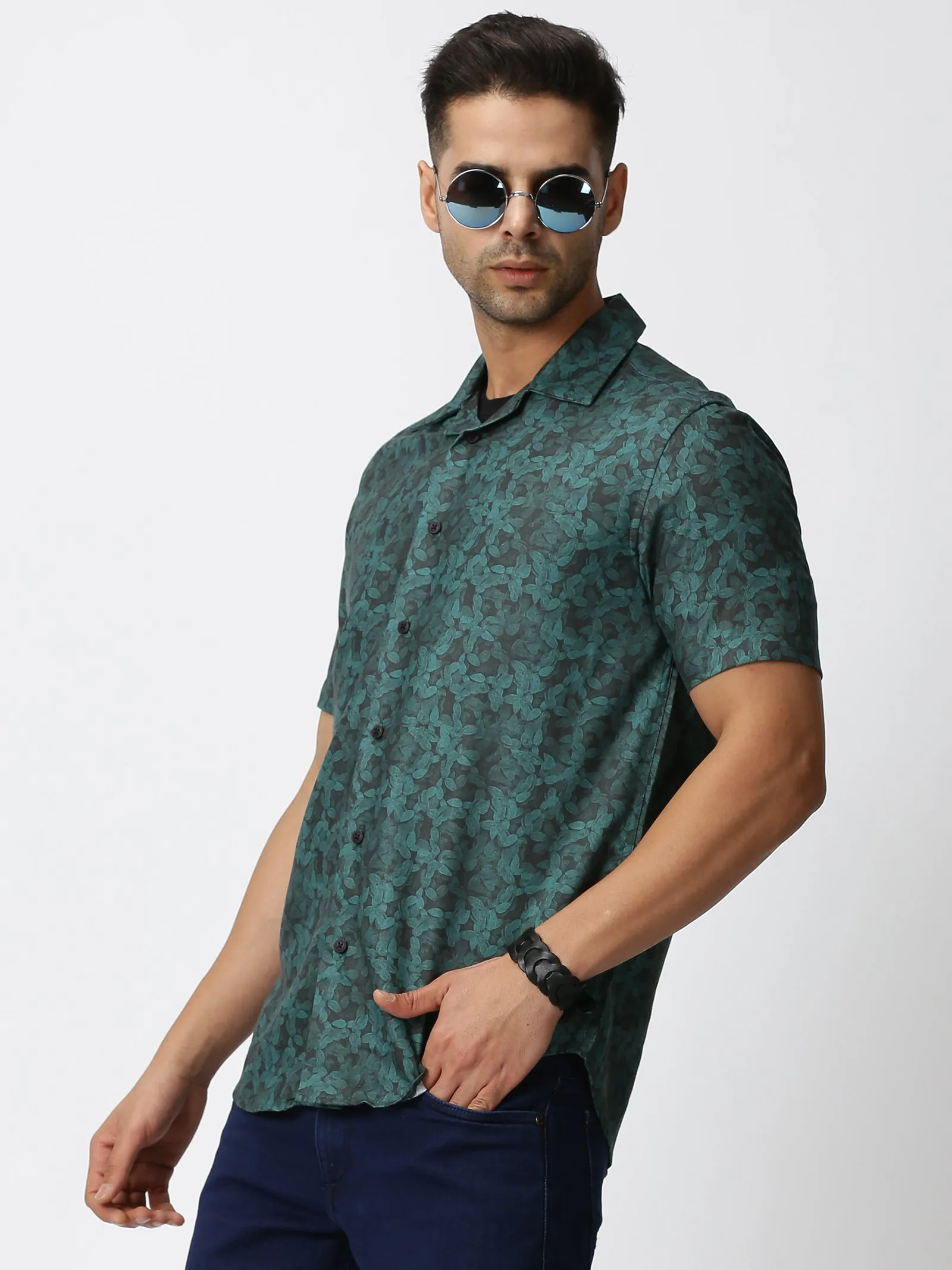 MEN'S BLUES GREEN PRINT SLIM FIT SHIRT