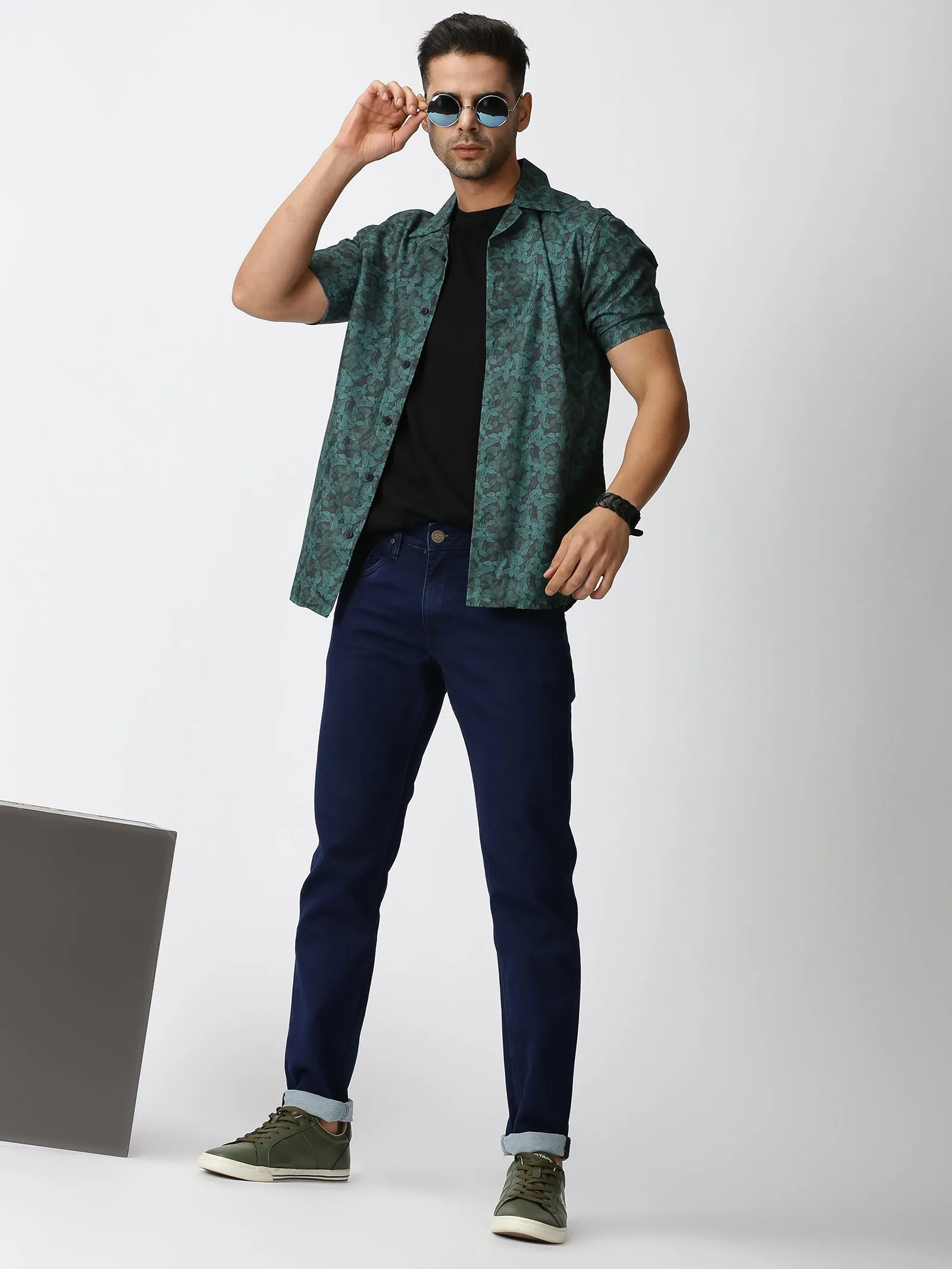 MEN'S BLUES GREEN PRINT SLIM FIT SHIRT