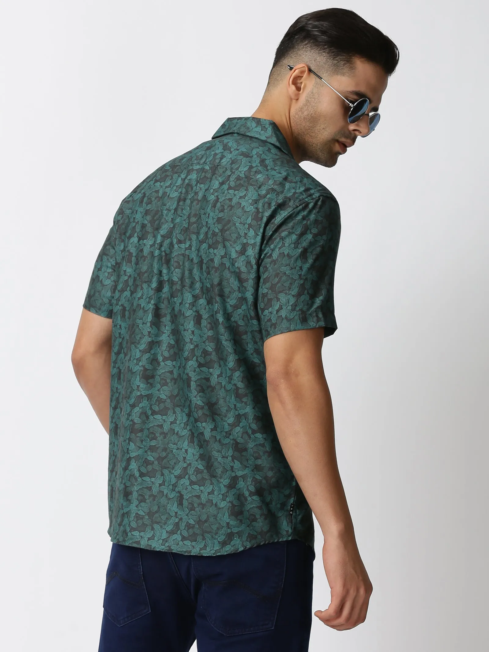 MEN'S BLUES GREEN PRINT SLIM FIT SHIRT