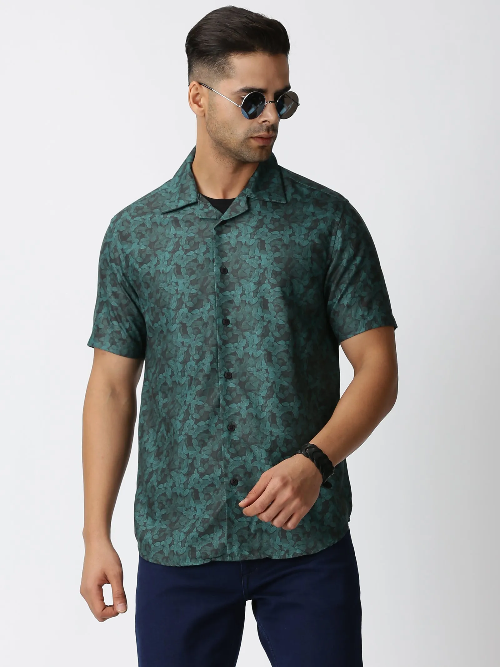 MEN'S BLUES GREEN PRINT SLIM FIT SHIRT